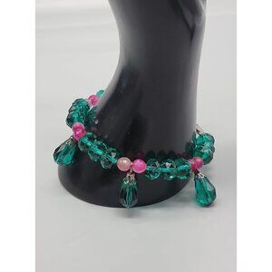 Sterling Silver Green & Pink Crystal Bracelet 7.5" Dangle Teardrop Translucent